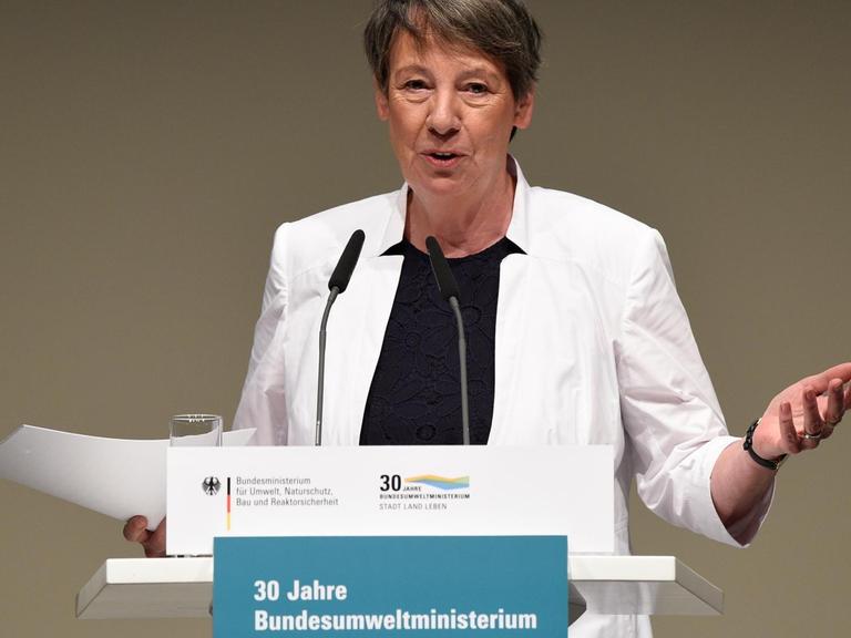 Umweltministerin Barbara Hendricks (SPD) begrüßt in Berlin im Rahmen des Festaktes zum 30-jährigen Bestehen des Bundesumweltministeriums die Gäste.
