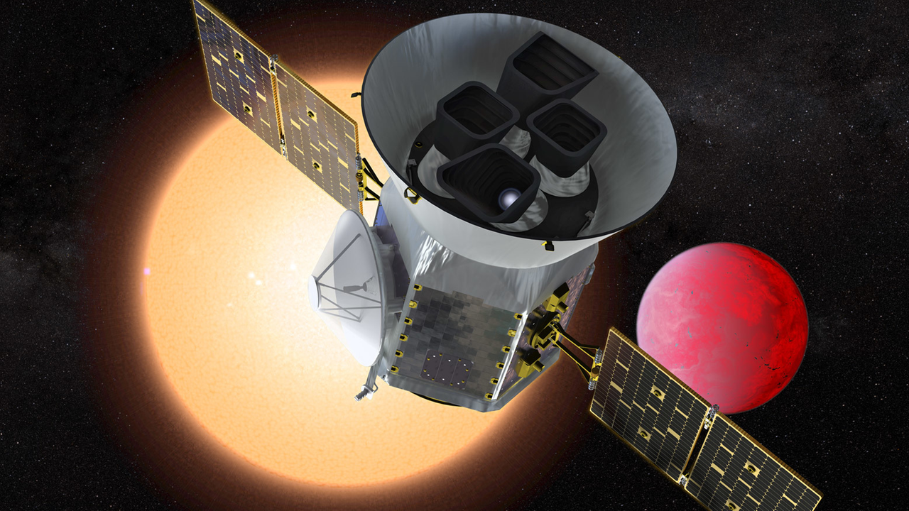 Illustration des Weltraumteleskopes "Tess" vor einem Lavaplaneten, der seinen Wirtsstern umkreist. Illustration des Weltraumteleskopes "Tess" vor einem Lavaplaneten, der seinen Wirtsstern umkreist.