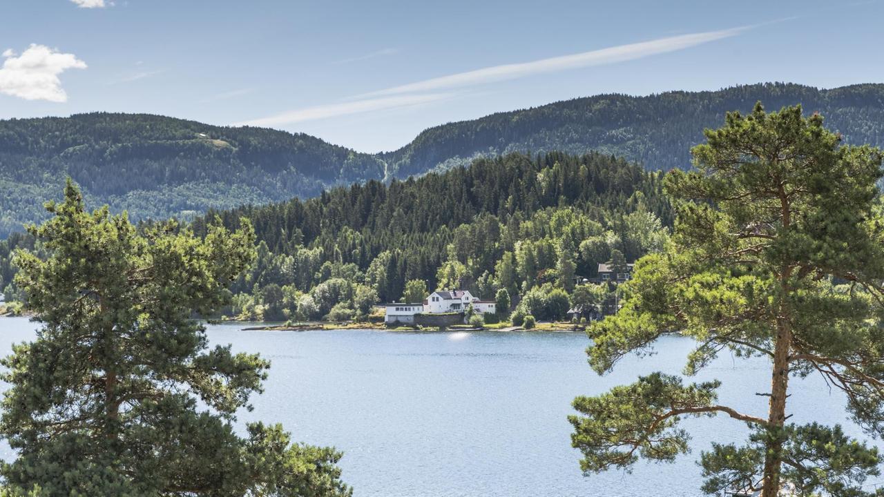 Durch Bäume lässt sich im Wasser die Insel Utøya sehen. Durch Bäume lässt sich im Wasser die Insel Utøya sehen.