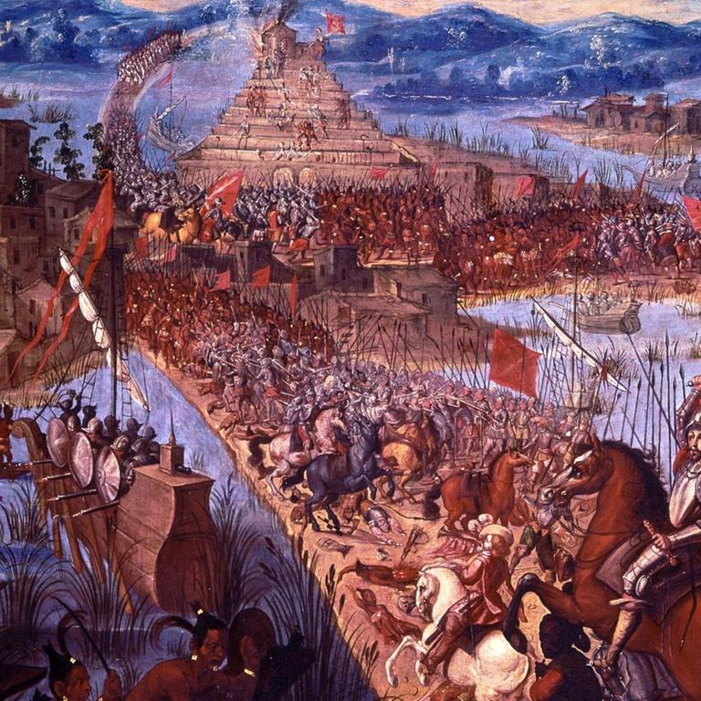 The Conquest of Tenochtitlßn, unknown artist, from The Conquistadors by Hammond Innes, page 142 The painting shows the conquest of Tenochtitlßn (now the site of Mexico City). The battle between the Spanish under Hernßn(do) Cortés, marqués del Valle de Oaxaca (1484-1547) and the Mexica under the last Aztec leader Cuauhtémoc (c.1502-1525) is more properly called a siege. It began in May of 1521 and lasted into August. With newly built ships, the Spanish controlled the lake surrounding the island and blockaded the city. Ultimately Cortés ordered the complete destruction of Tenochtitlßn, including its palaces, temples and squares. Cortés led his Spanish armies across one of the causeways and into the city. The captains of the other parts of his army also led their troops towards the centre of the city and the main temple compound. The Mexica put up a spirited and skilled resistance, bu UnitedArchives0631042