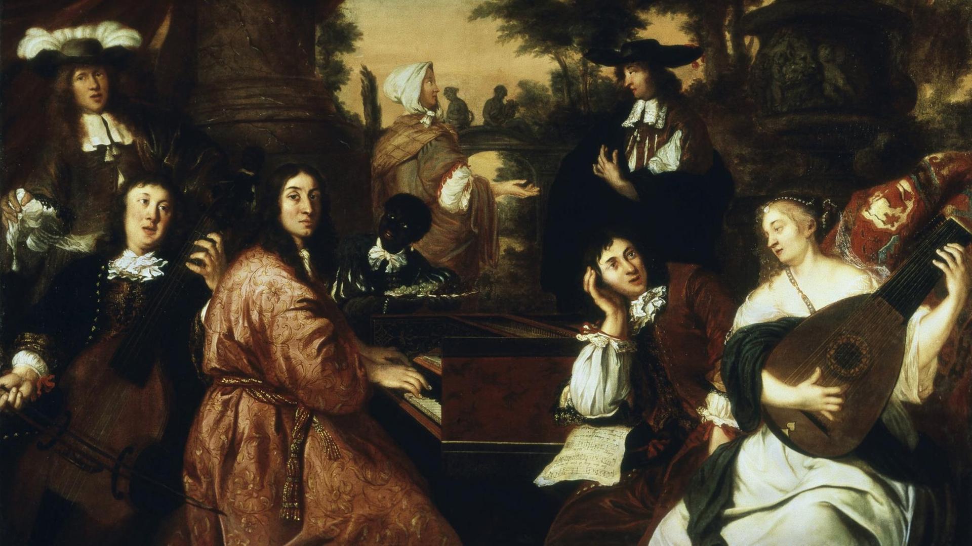 Gemälde, welches die Allegorie auf die Freundschaft zwischen Buxtehude (mit Notenblatt) und dem Hamburger Amtskollegen Adam Reincken (am Cembalo) und Johann Theile darstellt. Gemälde, welches die Allegorie auf die Freundschaft zwischen Buxtehude (mit Notenblatt) und dem Hamburger Amtskollegen Adam Reincken (am Cembalo) und Johann Theile darstellt.