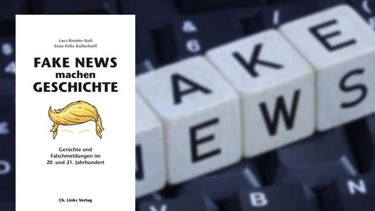 Würfel bilden den Schriftzug "Fake News" auf einer Computer-Tastatur (im Hintergrund). Das Buchcover (im Vordergrund) Würfel bilden den Schriftzug "Fake News" auf einer Computer-Tastatur (im Hintergrund). Das Buchcover (im Vordergrund)
