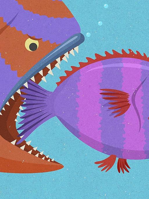 Ein großer Fisch frisst einen kleinen Fisch, der wiederum einen noch kleineren Fisch frisst.