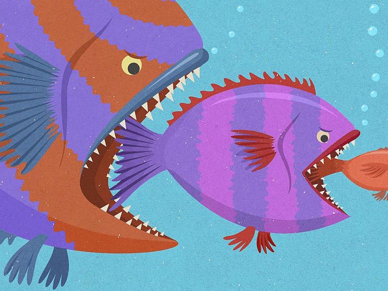 Ein großer Fisch frisst einen kleinen Fisch, der wiederum einen noch kleineren Fisch frisst.