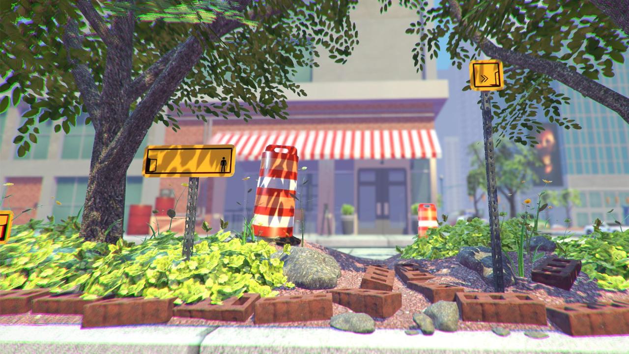 Screenshot aus "The Pedestrian": In einer mit Beeten gesäumten Straße stehen gelbe Straßenschilder, darauf der Protagonist des Spiels: Das Toiletten-Strichmännchen