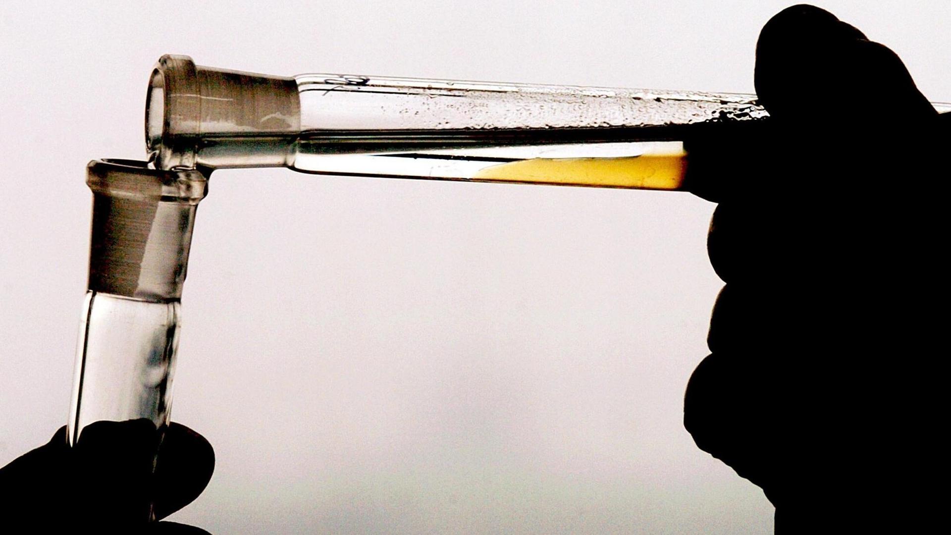 Eine Laborantin dekantiert am 16.02.2004 im Institut für Biochemie in der Sporthochschule in Köln eine Urin-Dopingprobe. Eine Laborantin dekantiert am 16.02.2004 im Institut für Biochemie in der Sporthochschule in Köln eine Urin-Dopingprobe.