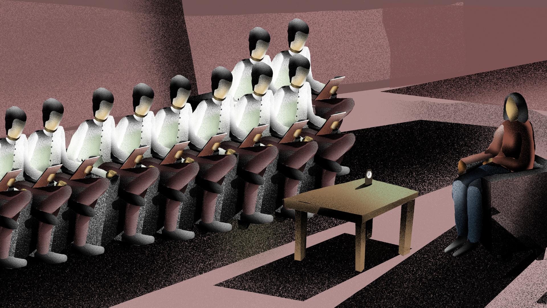 Die Illustration zeigt eine Frau in einem Sessel, neben einem Tisch, auf dem eine Uhr steht. Ihr gegenüber sitzen zehn identitische Therapeuten, alle mit überschlagenen Beinen und Notizblock in der Hand. Die Illustration zeigt eine Frau in einem Sessel, neben einem Tisch, auf dem eine Uhr steht. Ihr gegenüber sitzen zehn identitische Therapeuten, alle mit überschlagenen Beinen und Notizblock in der Hand.