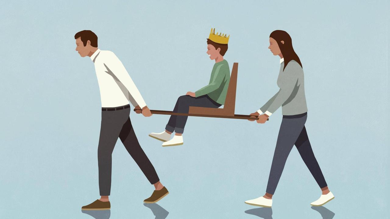Die Illustration zeigt ein Elternpaar, das sein Kind in einer Sänfte trägt. Das Kind hat eine Krone auf dem Kopf. Die Illustration zeigt ein Elternpaar, das sein Kind in einer Sänfte trägt. Das Kind hat eine Krone auf dem Kopf.