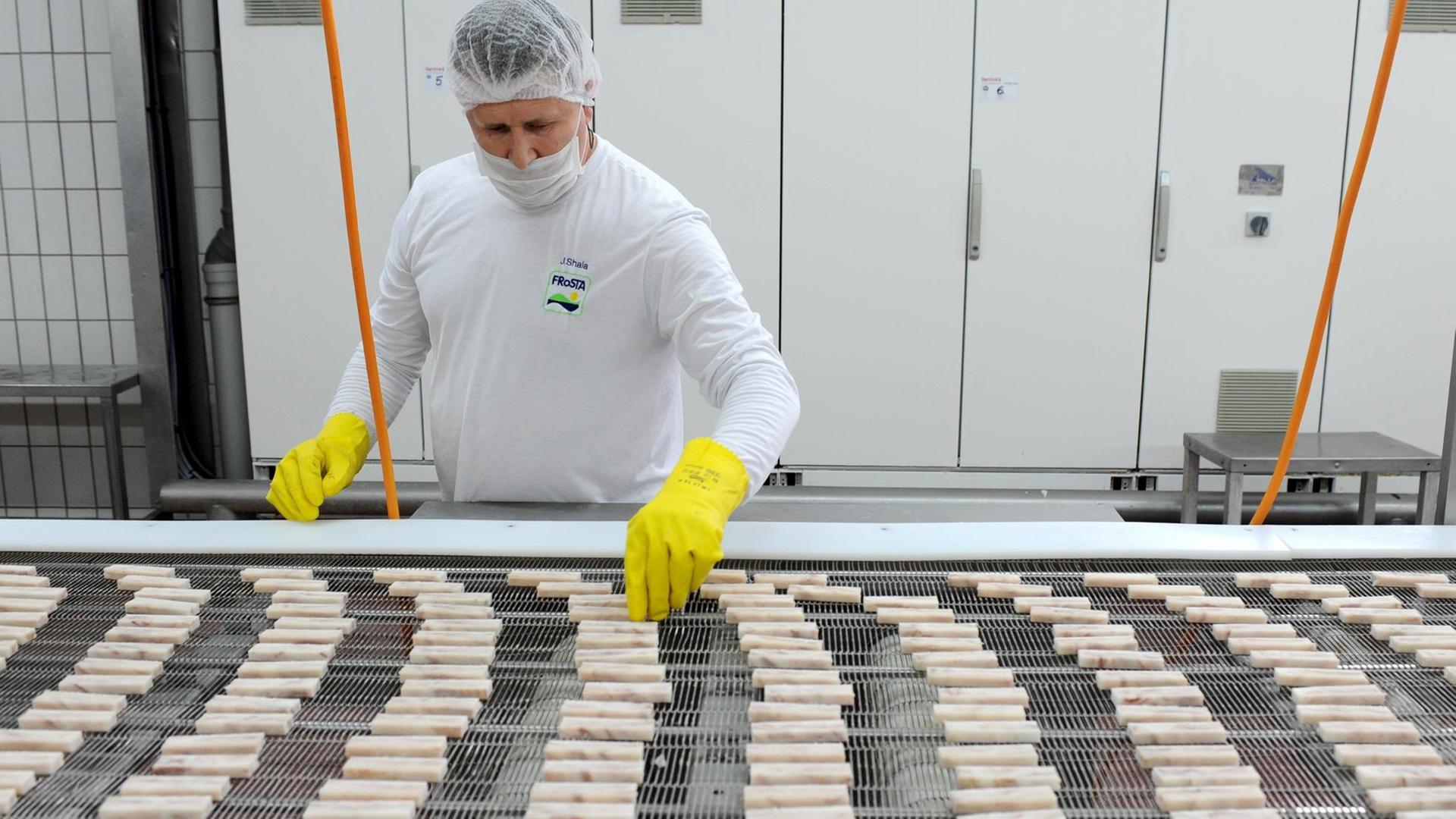Ein Mitarbeiter der Frosta AG in Bremerhaven (Bremen) überwacht am 26.03.2015 die Produktion von Fischstäbchen.