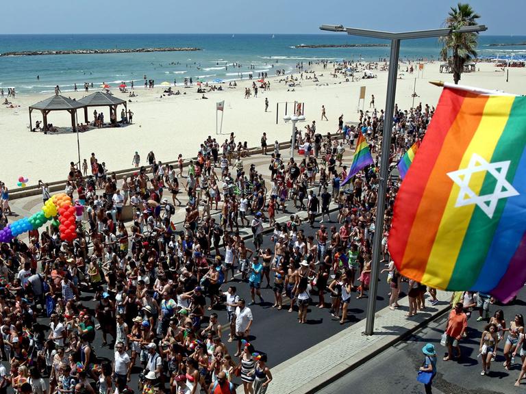 Jährlich nehmen hunderte von Menschen an der Gay Pride Parade in Tel Aviv, Israel, teil (13 June 2014)