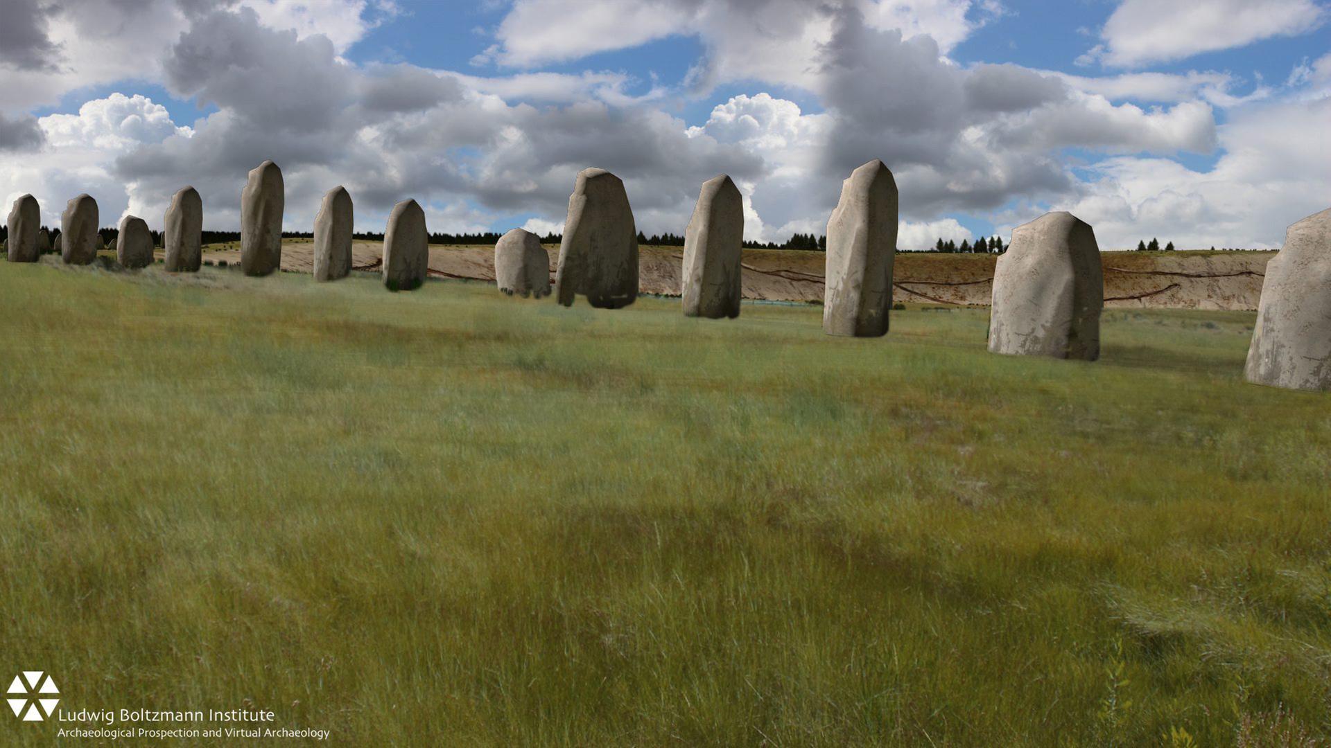 Ein Künstler hat für das Stonehenge Hidden Landscape Project in Szene gesetzt, wie das jetzt gefundene Steinmonument ausgesehen haben könnte. Ein Künstler hat für das Stonehenge Hidden Landscape Project in Szene gesetzt, wie das jetzt gefundene Steinmonument ausgesehen haben könnte.