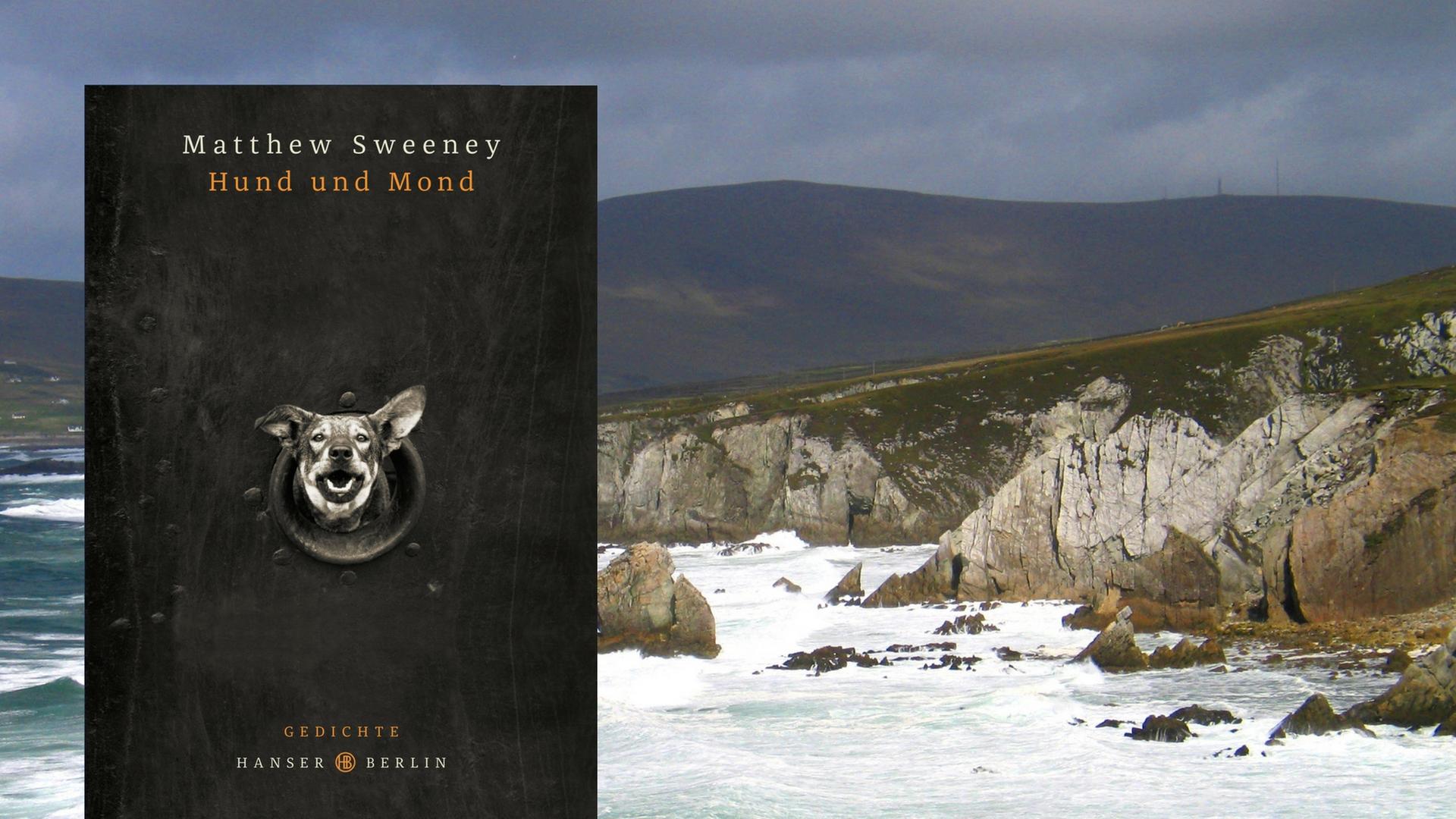 Cover des Gedichtbands "Hund und Mond" von Matthew Sweeney, im Hintergrund ist eine irische Küste zu sehen.