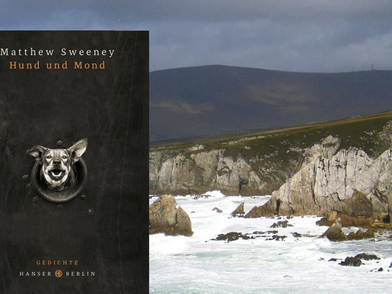 Cover des Gedichtbands "Hund und Mond" von Matthew Sweeney, im Hintergrund ist eine irische Küste zu sehen.