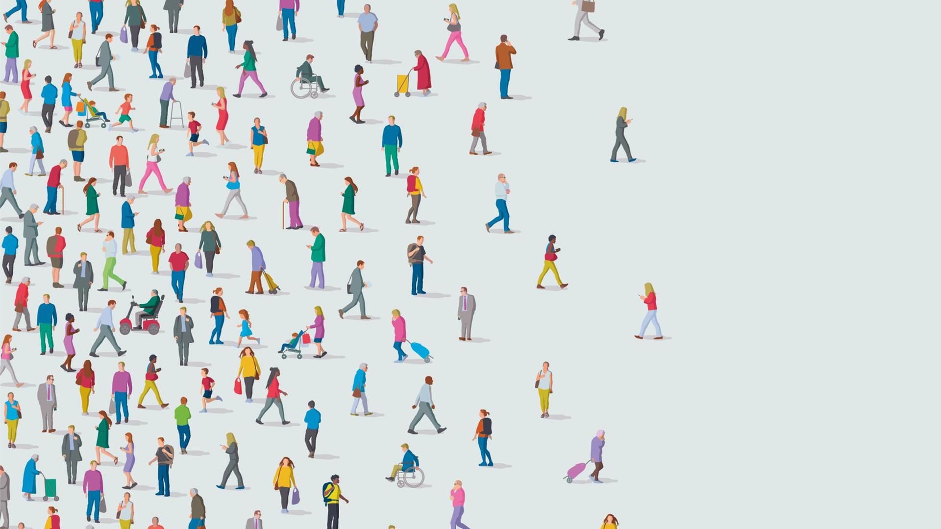 Illustration einer Menschenmenge, die sich zum linken Bildrand hin verdichtet. Illustration einer Menschenmenge, die sich zum linken Bildrand hin verdichtet.
