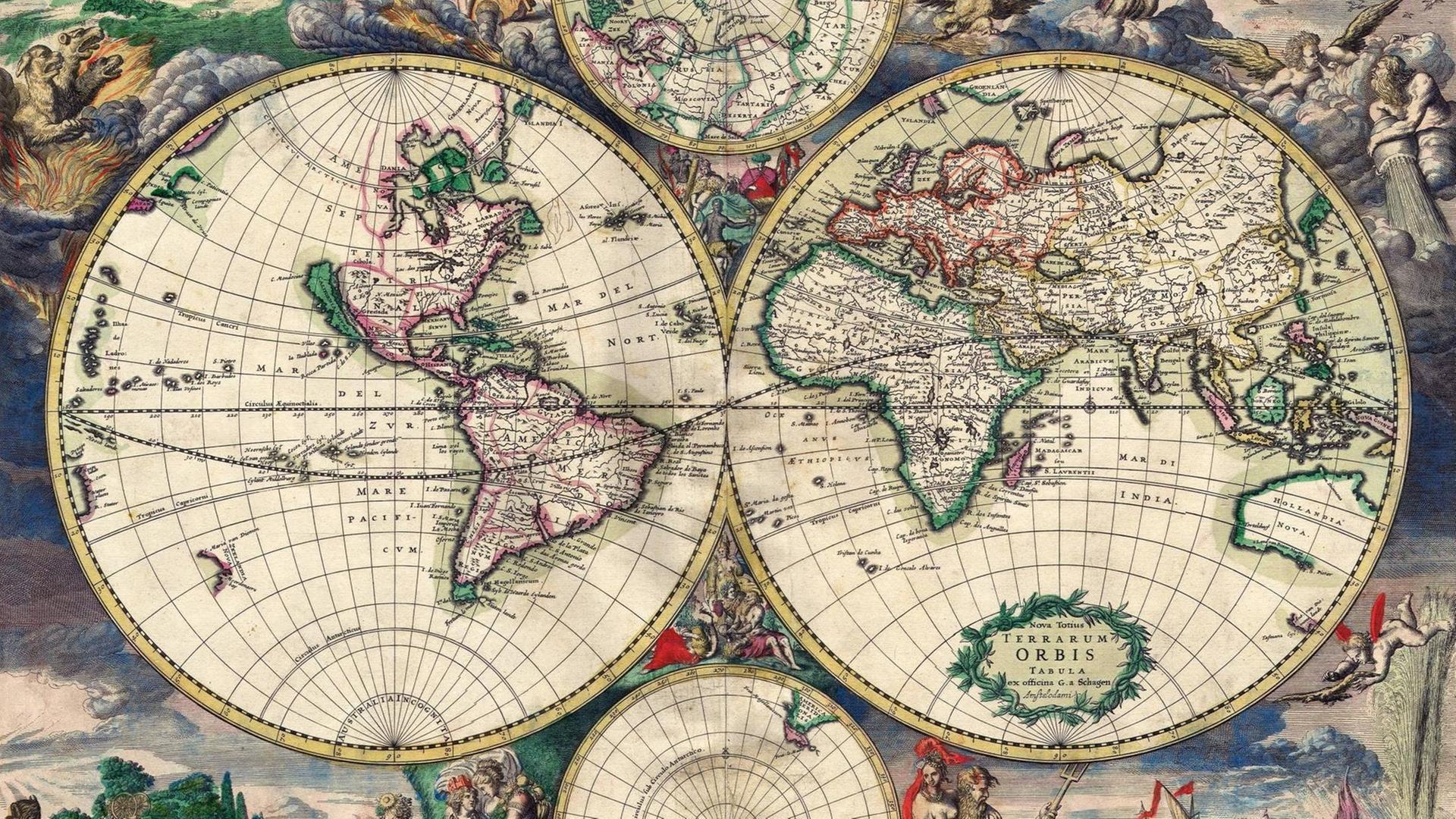 Eine Welt-Karte von 1682 aus Amsterdam. Eine Welt-Karte von 1682 aus Amsterdam.
