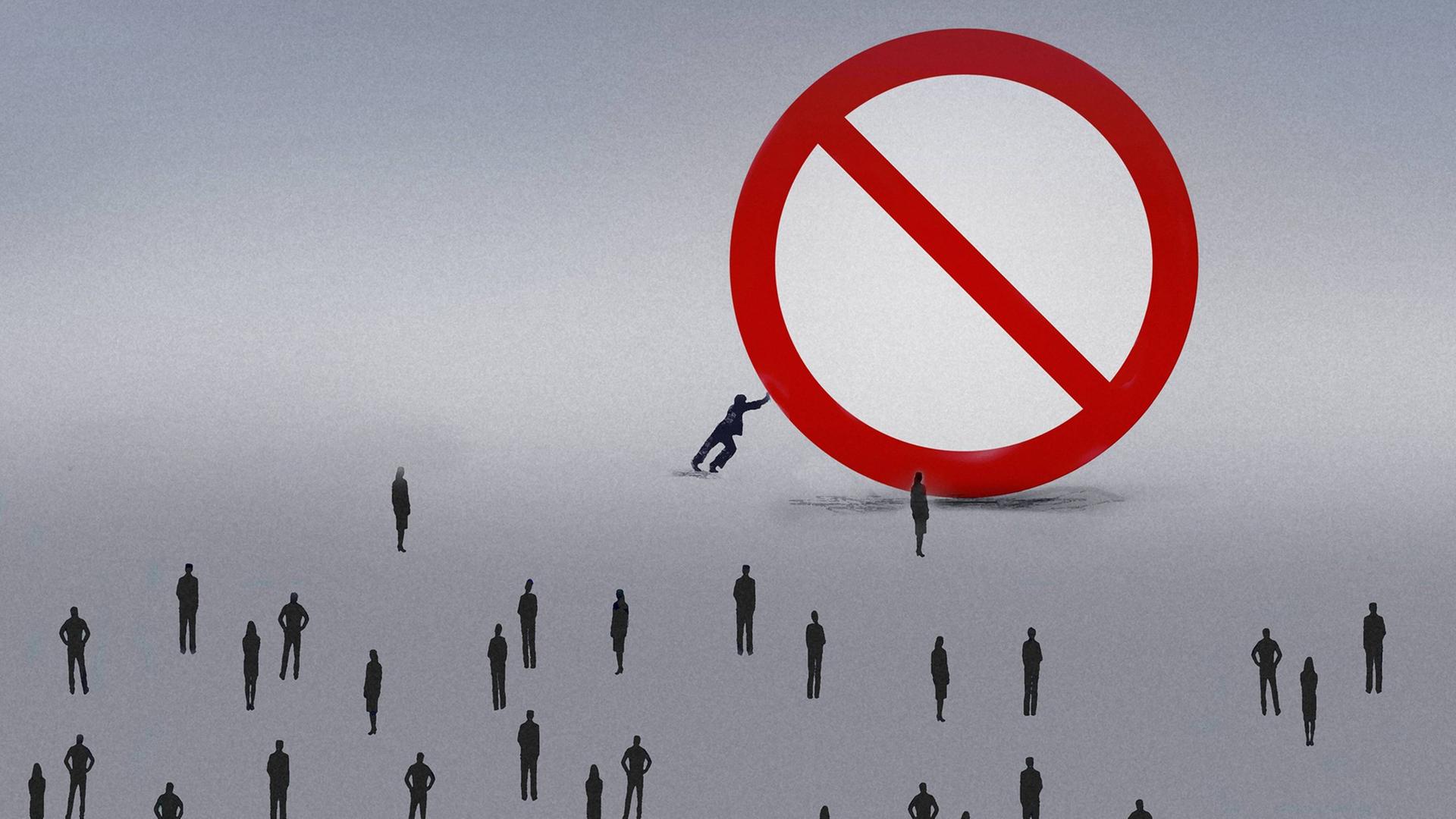Eine Illustration zeigt eine Figur, die ein überdimensioniertes Verbotsschild wegrollt. Andere Figuren stehen daneben. Eine Illustration zeigt eine Figur, die ein überdimensioniertes Verbotsschild wegrollt. Andere Figuren stehen daneben.