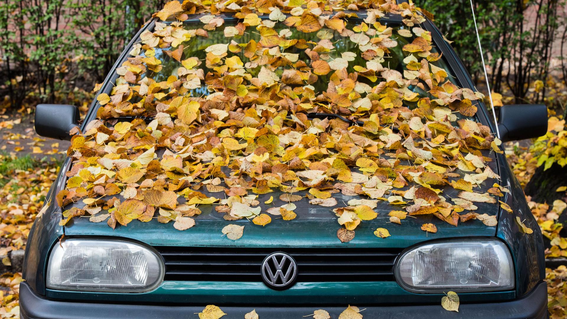 Ein mit Laub bedecktes Autos vom Hersteller Volkswagen (VW) Typ Golf 3 parkt in Hamburg. Ein mit Laub bedecktes Autos vom Hersteller Volkswagen (VW) Typ Golf 3 parkt in Hamburg.