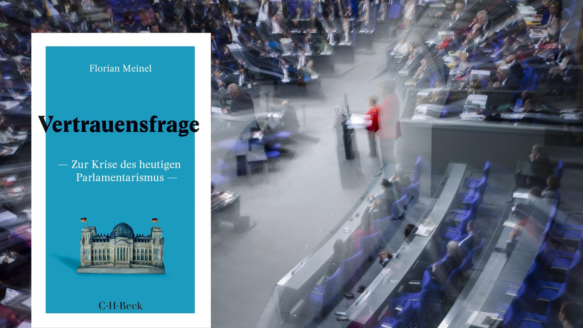 Im Vordergrund das Cover von Florian Meinels "Vertrauensfrage", im Hintergrund ein Blick von oben auf den Plenarsaal des Bundestages während einer Plenardebatte