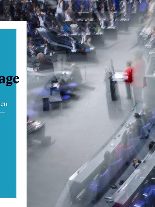 Im Vordergrund das Cover von Florian Meinels "Vertrauensfrage", im Hintergrund ein Blick von oben auf den Plenarsaal des Bundestages während einer Plenardebatte