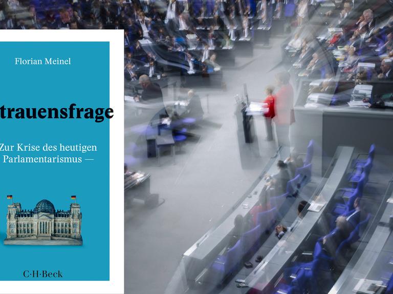 Im Vordergrund das Cover von Florian Meinels "Vertrauensfrage", im Hintergrund ein Blick von oben auf den Plenarsaal des Bundestages während einer Plenardebatte