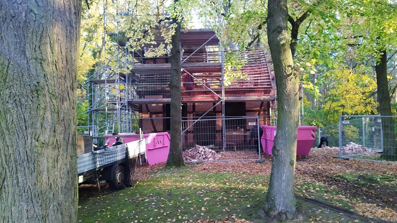 Die Kapelle in Kleinwudicke ist eingerüstet. Im Vordergrund sind kräftige Bäumstämme zu sehen, am Boden liegt Herbstlaub, links steht hinter einem Baum ein Pritschenwagen, vor der Kirche stehen zwei pink angemalte Abfall-Container. Die Kapelle in Kleinwudicke ist eingerüstet. Im Vordergrund sind kräftige Bäumstämme zu sehen, am Boden liegt Herbstlaub, links steht hinter einem Baum ein Pritschenwagen, vor der Kirche stehen zwei pink angemalte Abfall-Container.