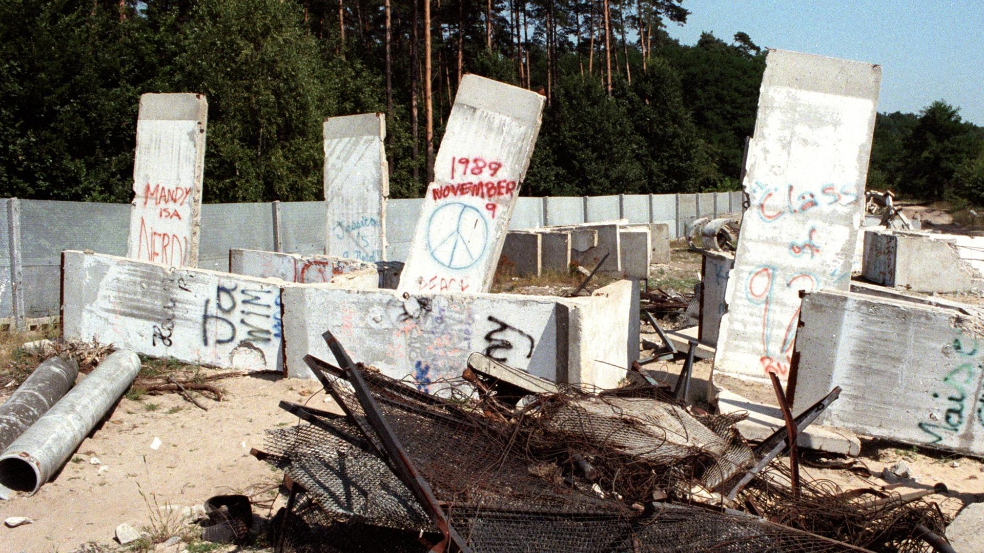 Trümmer der Geschichte - Teile der Betonmauer, Stacheldraht, Gitterzaun und Betonreste der Berliner Mauer liegen im Ortsteil Steinstücken bei Potsdam auf einem Gelände, aufgenommen im August 1990. Trümmer der Geschichte - Teile der Betonmauer, Stacheldraht, Gitterzaun und Betonreste der Berliner Mauer liegen im Ortsteil Steinstücken bei Potsdam auf einem Gelände, aufgenommen im August 1990.