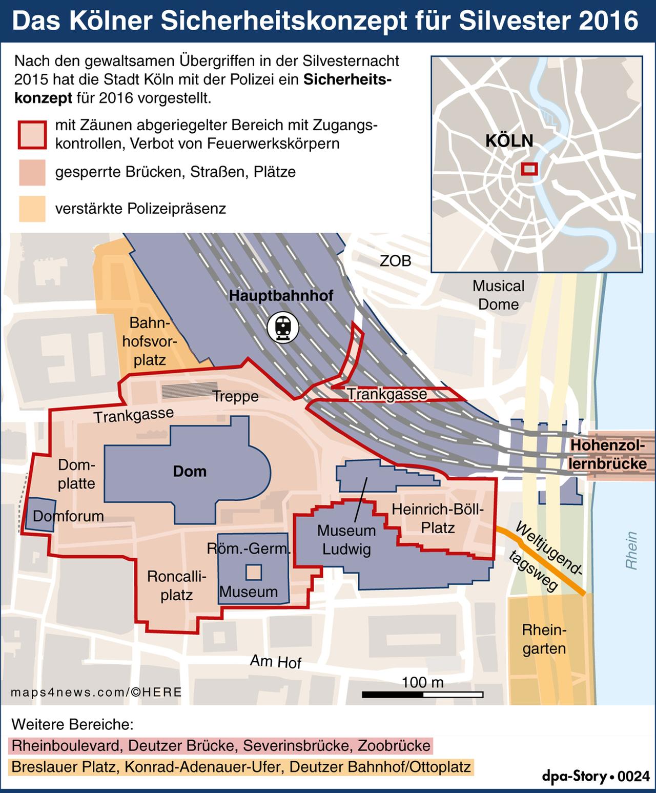 Karte von Köln mit der Gegend um den Hauptbahnhof und dem Kölner Dom mit den geplanten Sicherheitszonen zu Silvester 2016/17. Karte von Köln mit der Gegend um den Hauptbahnhof und dem Kölner Dom mit den geplanten Sicherheitszonen zu Silvester 2016/17.