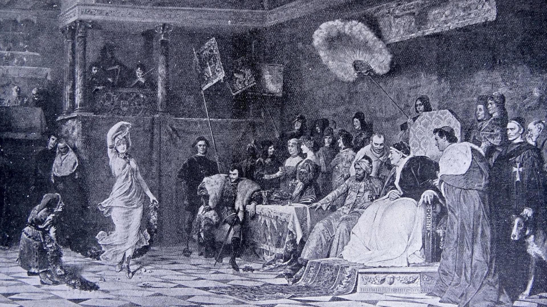 Auf der Darstellung aus dem 16. Jahrhundert tanzt Lucrezia Borgia für ihren Vater Papst Alexander VI und seine Kardinäle, die sichtlich angetan sind. Auf der Darstellung aus dem 16. Jahrhundert tanzt Lucrezia Borgia für ihren Vater Papst Alexander VI und seine Kardinäle, die sichtlich angetan sind.
