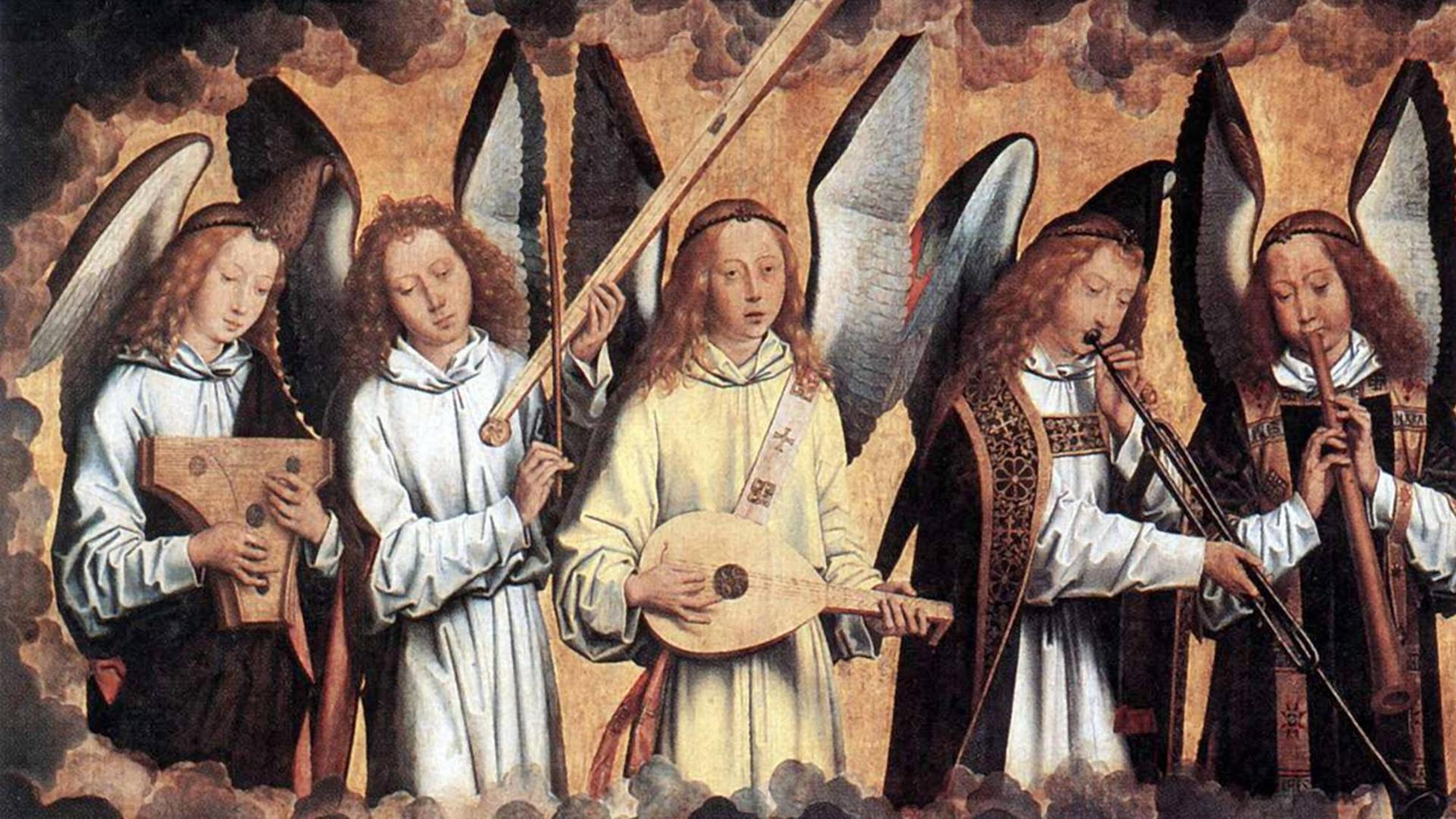 Eine Abbildung von einem Holzrelief mit musizierenden Engel im Stil der Ikonen Malerei. Eine Abbildung von einem Holzrelief mit musizierenden Engel im Stil der Ikonen Malerei.