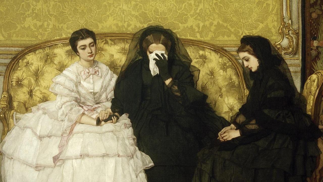 Alfred Stevens Gemälde "Der  Kondolenzbesuch" (1857) zeigt drei trauernde Frauen auf einem Sofa. Die schwarzgekleidete Frau in der Mitte weint in ein Taschentuch.