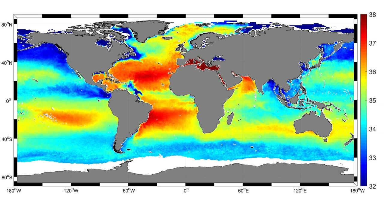 Satellitenbild mit Einfärbung des Salzgehalt des Oberflächenwassers der Ozeane (je röter, desto salziger) Satellitenbild mit Einfärbung des Salzgehalt des Oberflächenwassers der Ozeane (je röter, desto salziger)