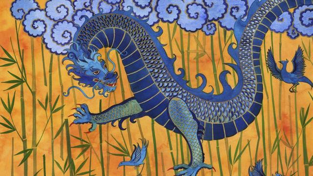 Darstellung eines chinesischen Drachen mit blauen Vögeln und Bambus auf einer Seidenmalerei