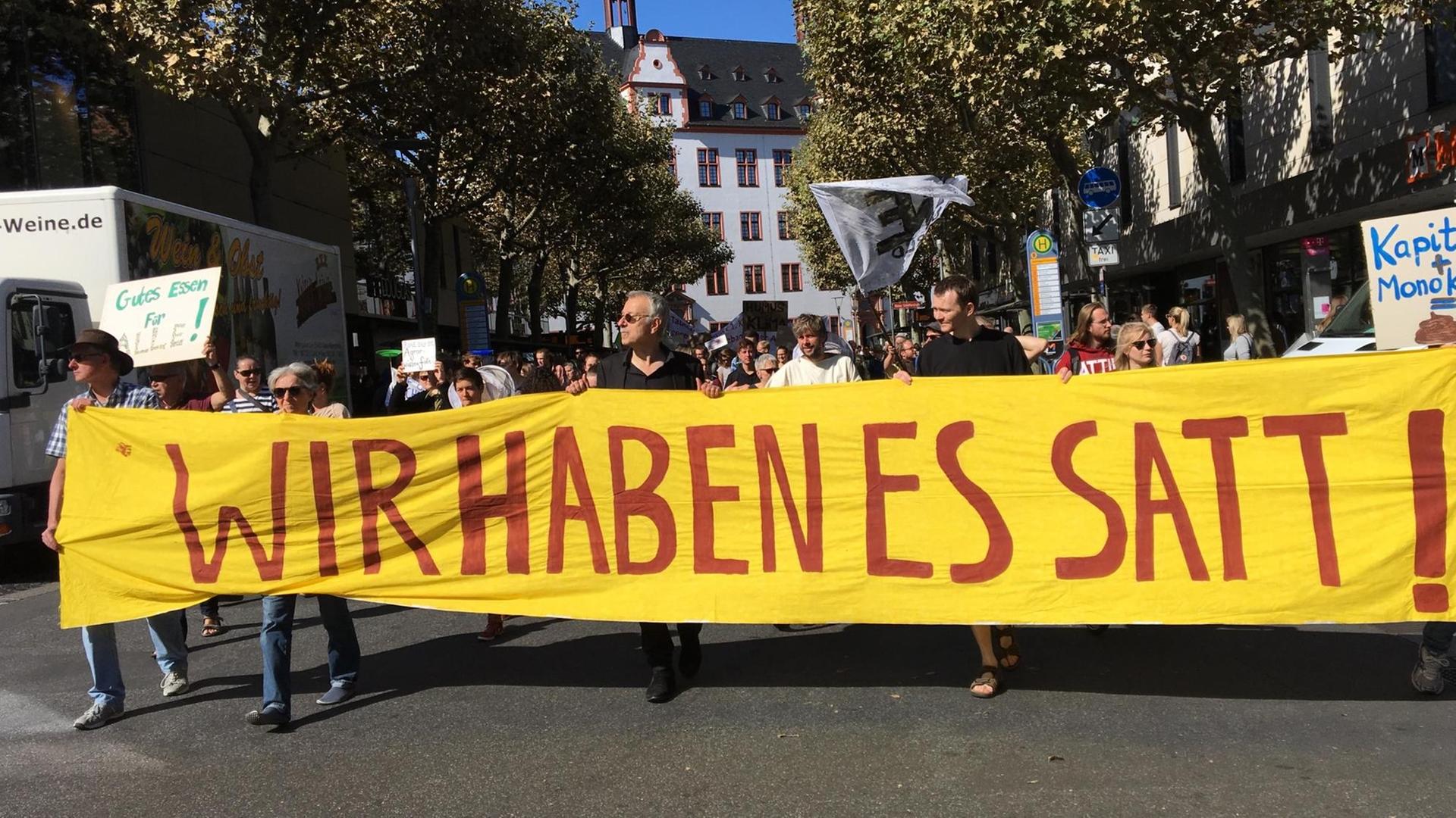 Demonstranten mit einem Banner, auf dem steht: "Wir haben es satt" Demonstranten mit einem Banner, auf dem steht: "Wir haben es satt"