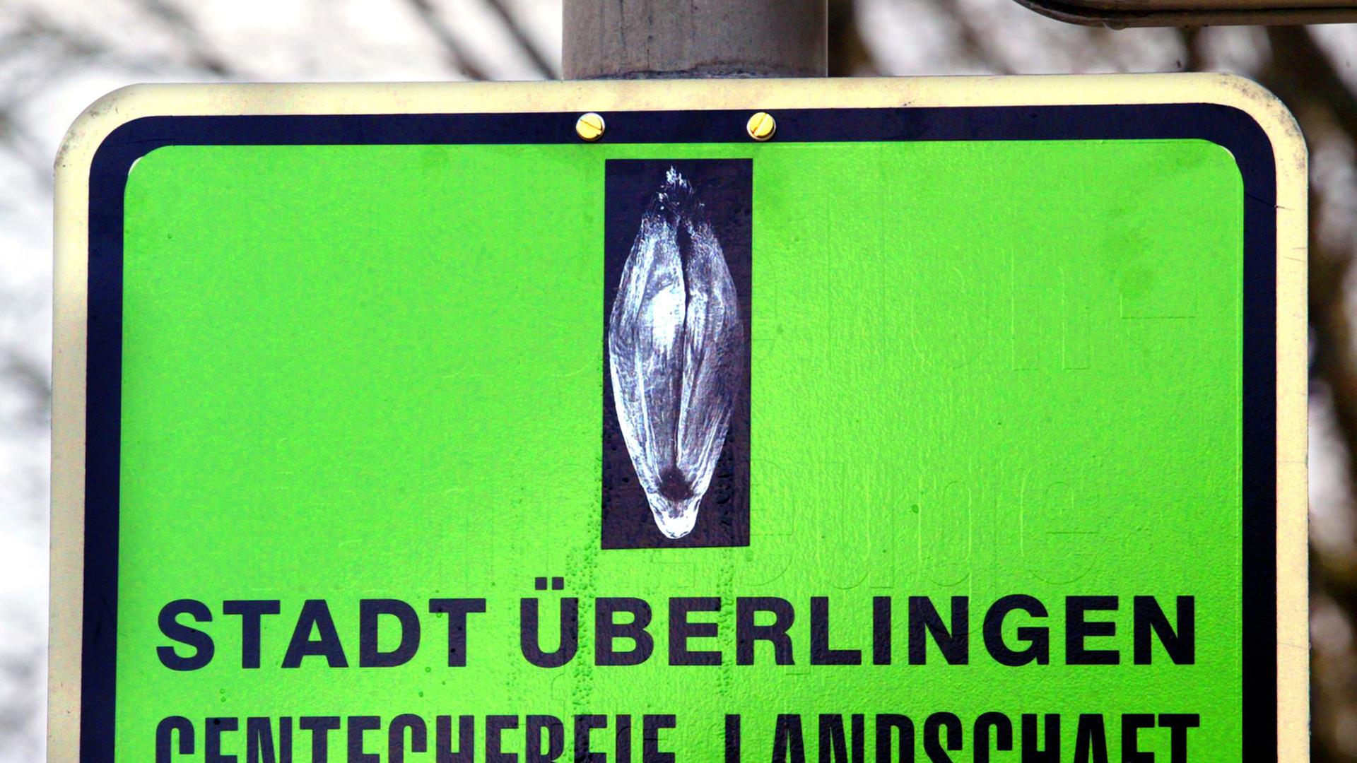 Die Stadt Überlingen am Bodensee macht ihre Ablehnung gentechnisch veränderter Pflanzen mit einem Schild an einem Ortseingang deutlich: "Stadt Überlingen - gentechfreie Landschaft" heißt es auf der grünen Informationstafel. Die Stadt Überlingen am Bodensee macht ihre Ablehnung gentechnisch veränderter Pflanzen mit einem Schild an einem Ortseingang deutlich: "Stadt Überlingen - gentechfreie Landschaft" heißt es auf der grünen Informationstafel.