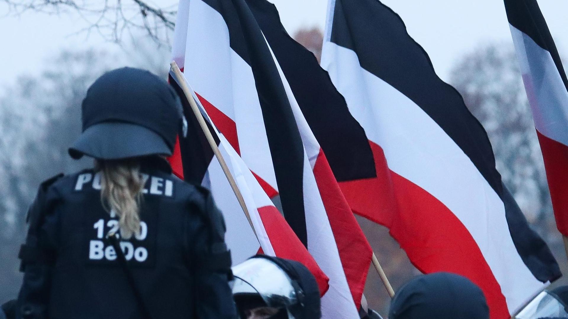Rot-weiße Flaggen werden bei einem NPD-Aufmarsch in Hannover geschwenkt. Rot-weiße Flaggen werden bei einem NPD-Aufmarsch in Hannover geschwenkt.