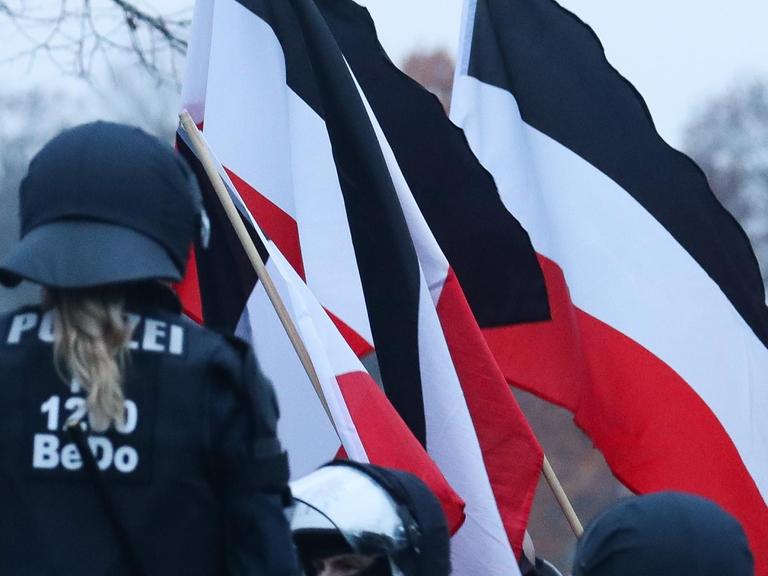 Rot-weiße Flaggen werden bei einem NPD-Aufmarsch in Hannover geschwenkt.