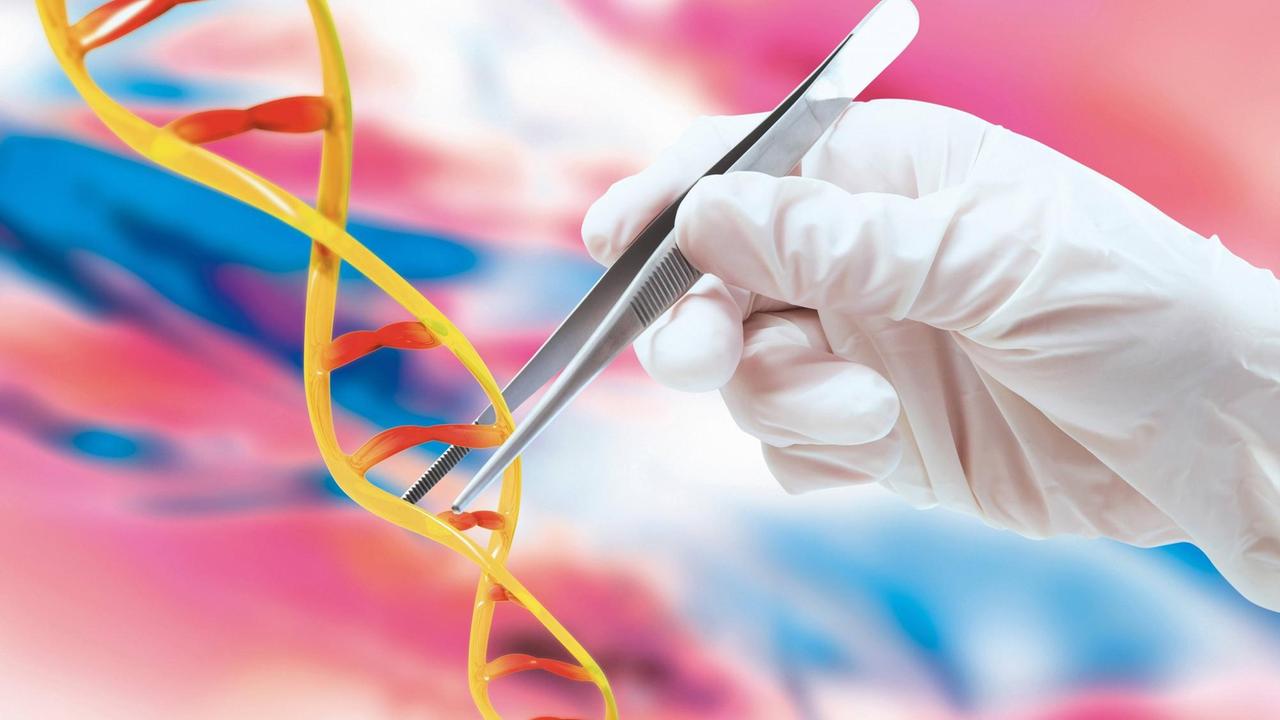 DNA-Strang festgehalten von einer Pinzette DNA-Strang festgehalten von einer Pinzette
