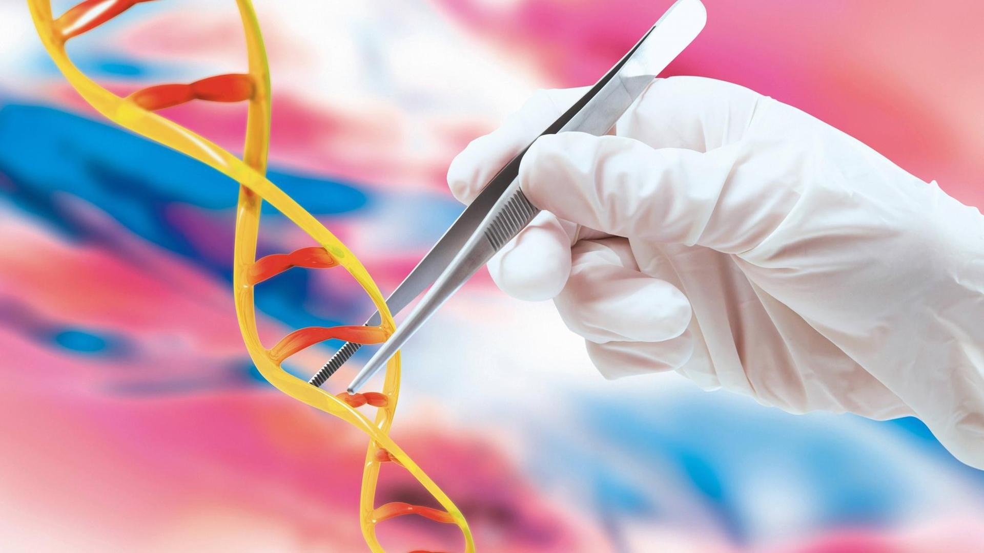 DNA-Strang festgehalten von einer Pinzette DNA-Strang festgehalten von einer Pinzette