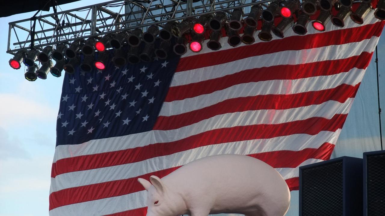 Eine Schweinfigur steht vor der amerikanischen Flagge.