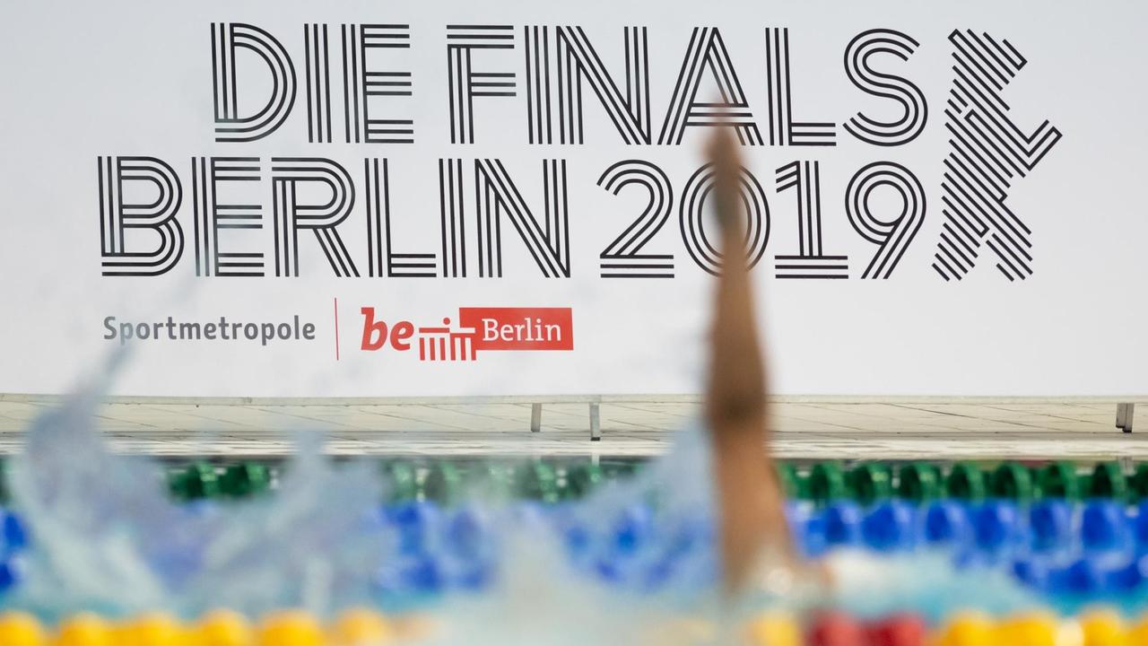 Blick auf das Veranstaltungslogo "Die Finals Berlin 2019", davor ist ein Schwimmbecken zu sehen, in dem gerade ein Wettkampf stattfindet Blick auf das Veranstaltungslogo "Die Finals Berlin 2019", davor ist ein Schwimmbecken zu sehen, in dem gerade ein Wettkampf stattfindet