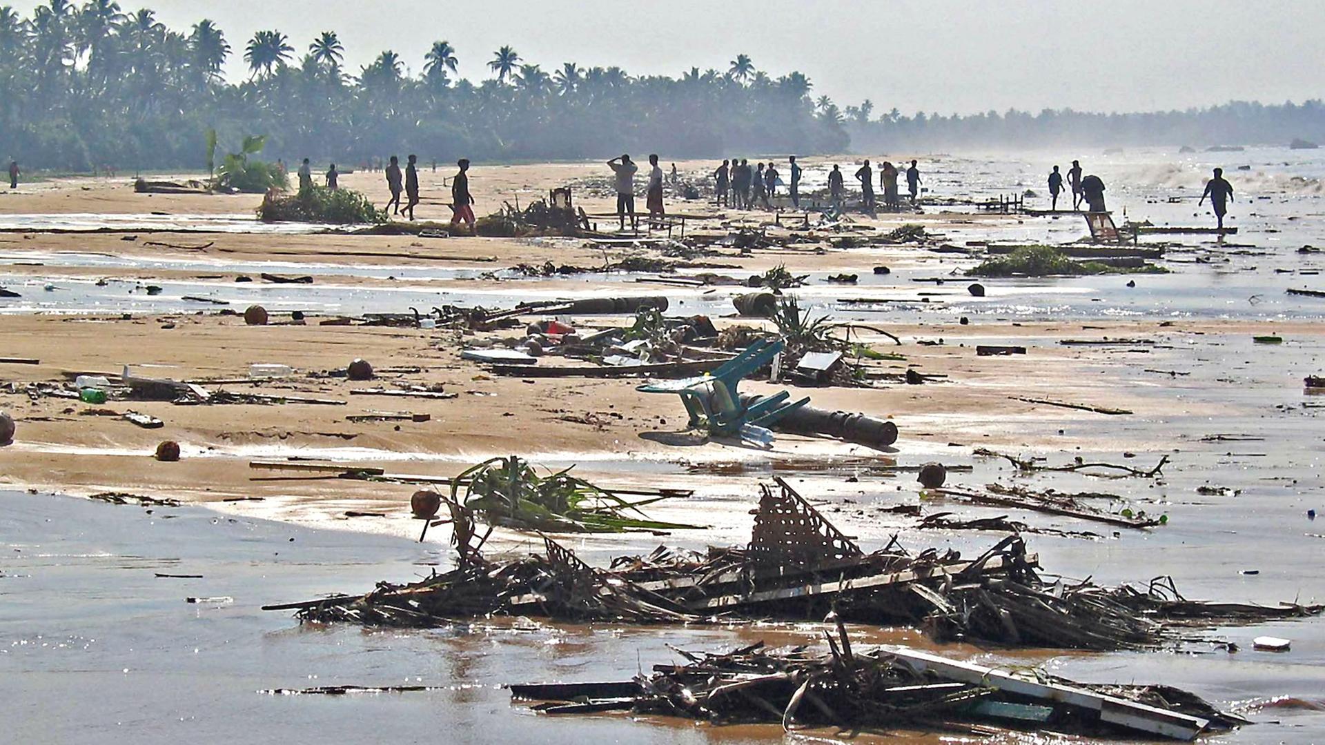 Menschen suchen am Strand von Hakkeduwa im Süden Sri Lankas nach dem Tsunami nach Überlebenden. Menschen suchen am Strand von Hakkeduwa im Süden Sri Lankas nach dem Tsunami nach Überlebenden.