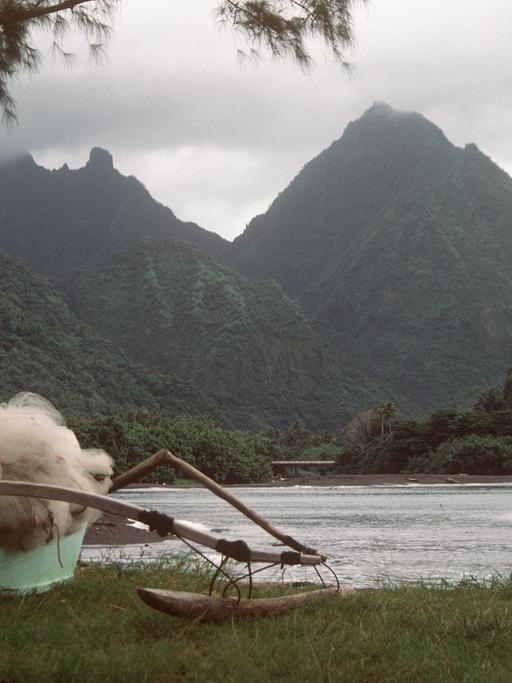Eine Bucht in Tahiti mit dichter Vegetation und bizarr geformten Bergen, im Vordergrund ein typisches Auslegerboot mit Netzen von Fischern der einheimischen Bevölkerung. Aufnahme von 1985.