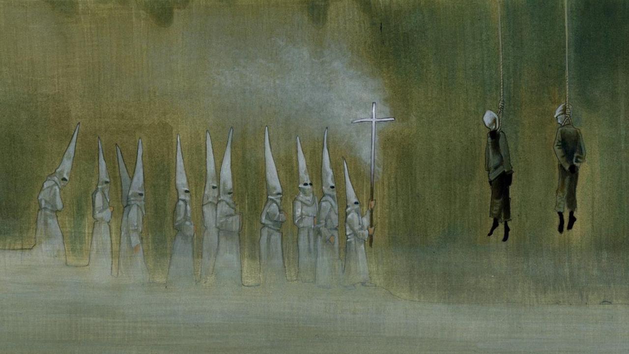 Illustration von Ku Klux Klan Mitgliedern in Masken und Gewändern mit zwei Opfern. Zwei Menschen mit Tüchern über dem Gesicht hängen tot von der Decke. Illustration von Ku Klux Klan Mitgliedern in Masken und Gewändern mit zwei Opfern. Zwei Menschen mit Tüchern über dem Gesicht hängen tot von der Decke.