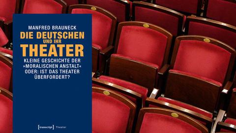 Rote Theatersitze, darüber das blaue, schlicht gestaltete Cover von Manfred Braunecks Buch "Die Deutschen und ihr Theater".