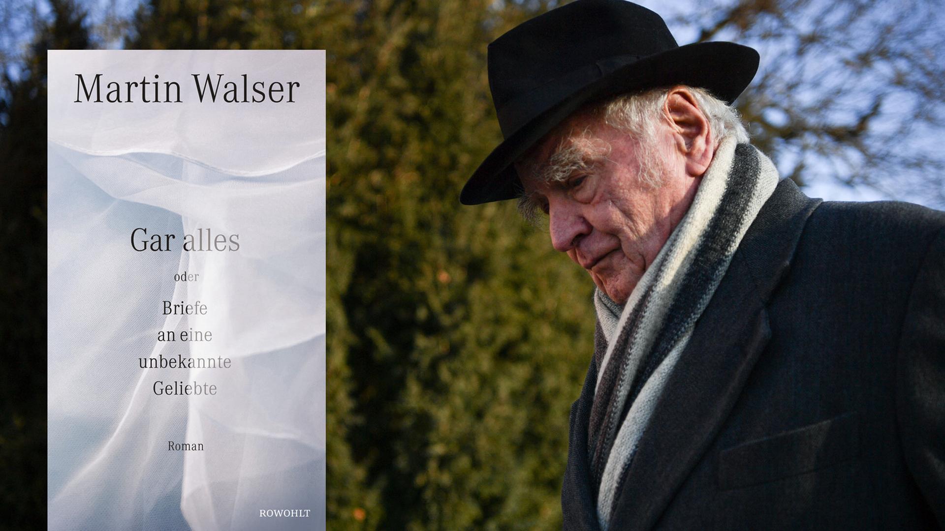 Martin Walser mit Hut und Mantel. Links ist das Titelblatt seines neuesten Romans "Gar alles oder Briefe an eine unbekannte Geliebte" zu sehen. Martin Walser mit Hut und Mantel. Links ist das Titelblatt seines neuesten Romans "Gar alles oder Briefe an eine unbekannte Geliebte" zu sehen.