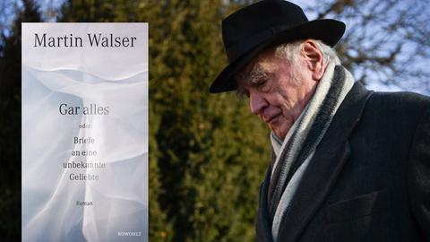 Martin Walser mit Hut und Mantel. Links ist das Titelblatt seines neuesten Romans "Gar alles oder Briefe an eine unbekannte Geliebte" zu sehen.