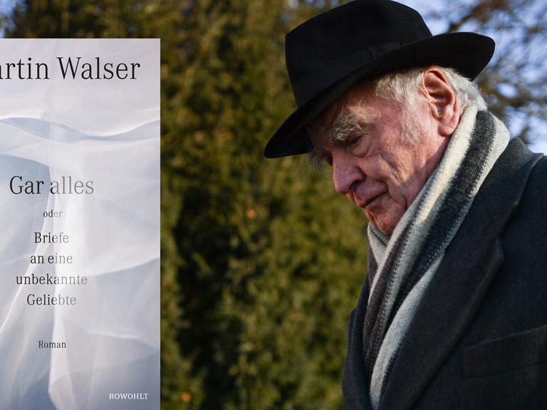 Martin Walser mit Hut und Mantel. Links ist das Titelblatt seines neuesten Romans "Gar alles oder Briefe an eine unbekannte Geliebte" zu sehen.