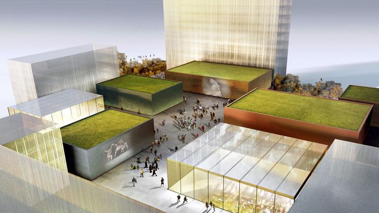Entwurf einer Dachlandschaft der Konzeptstudie des britischen Architekten David Adjaye für den geplanten Frankfurter Kulturcampus von 2012. Der Entwurf zeigt mehrere rechteckige Gebäude in unterschiedlichen Größen, die teils komplett aus Glas sind oder statt Glas ein Grasdach haben Entwurf einer Dachlandschaft der Konzeptstudie des britischen Architekten David Adjaye für den geplanten Frankfurter Kulturcampus von 2012. Der Entwurf zeigt mehrere rechteckige Gebäude in unterschiedlichen Größen, die teils komplett aus Glas sind oder statt Glas ein Grasdach haben