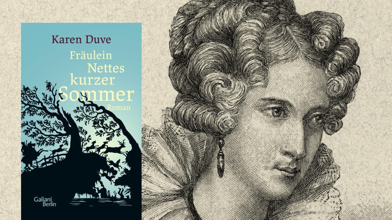 Cover des Romans "Fräulein Nettes kurzer Sommer" von Karen Duve vor dem Porträt der Schriftstellerin und Komponistin Annette von Droste-Hülshoff Cover des Romans "Fräulein Nettes kurzer Sommer" von Karen Duve vor dem Porträt der Schriftstellerin und Komponistin Annette von Droste-Hülshoff