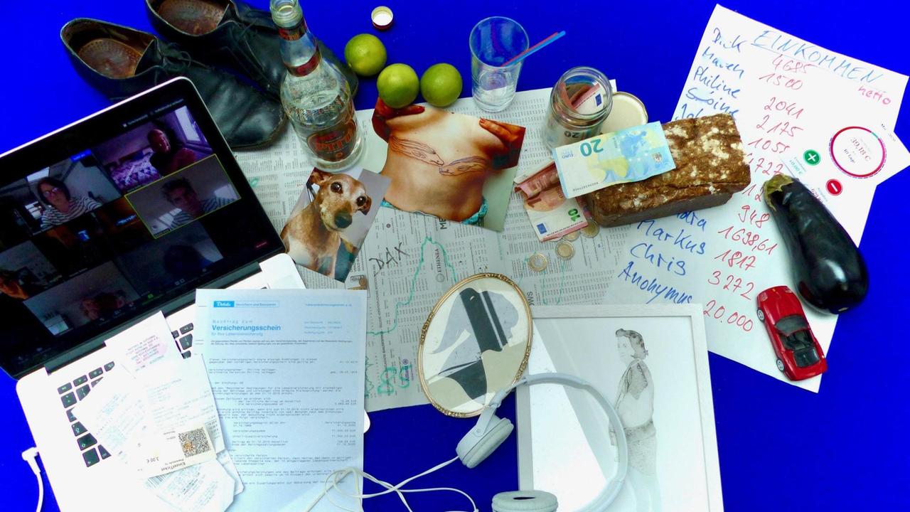 Einkommensliste, Anschaffungen, Assoziationen und Tauschobjekte von 10 Freunden, die im Mai 2020 ihr Geld teilten